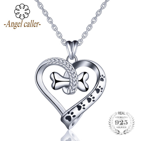 Angel Caller 925 Sterling Silver lovely Dog and Cat Footprint Necklace Bone Heart Pendant Necklaces Women Fine Jewelry CYD105