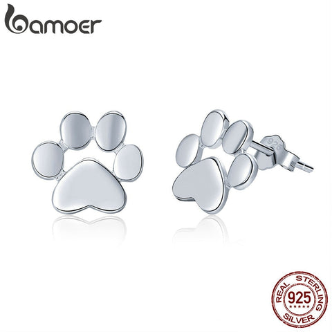 BAMOER 925 Sterling Silver Animal Dog Cat Paw Stud Earrings for Women Sterling Silver Footprints Valentine's Day Gift SCE407
