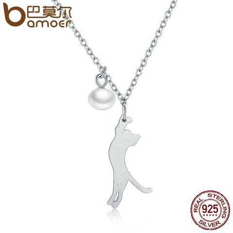 BAMOER Popular Real 100% 925 Sterling Silver Naughty Kitten Cat Women Pendant Necklaces Fashion Sterling Silver Jewelry SCN175