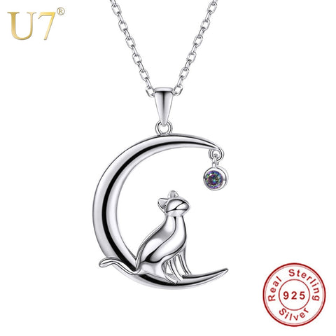 U7 Authentic 100% 925 Sterling Silver Cat Moon Necklace Meditation Women Jewelry Silver 925 Chain & Pendant Valentine Gift SC17