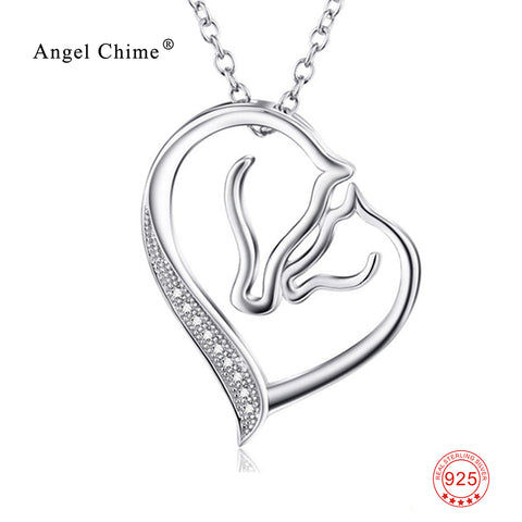 Women Fashion CZ Crystal Heart Horse Pendant Collar Necklace 925 Sterling Silver Collier Statement Necklace Kolye bijoux coeur