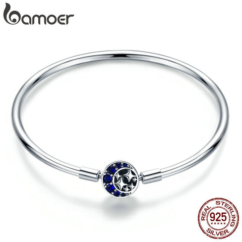 BAMOER Genuine 100% 925 Sterling Silver Blue CZ Moon and Star Bracelet & Bangles for Women Sterling Silver Jewelry S925 SCB080